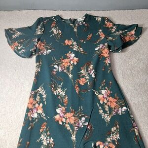 Women's Size Small Hunter Green Floral Dress Mini Maxi Flow Ruffle Sleeves NWT